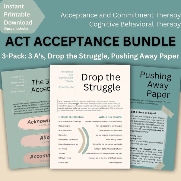 ACT Acceptance Worksheet Bundle: Acceptance and Commitment Therapy Pushing Away Paper Drop the Struggle Poster for ACT CBT Therapists