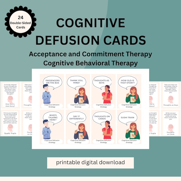 Cognitive Defusion Strategy Cards (24): Acceptance and Commitment Therapy ACT CBT Mindfulness Tools, Flashcards, Printable, Instant Download