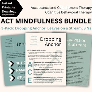 Puede incluir: Un paquete imprimible de Mindfulness ACT con tres guías: Dropping Anchor, Leaves on a Stream y Three Ns. Las guías ofrecen técnicas de defusión cognitiva y mindfulness, con texto sobre un fondo verde claro y blanco.