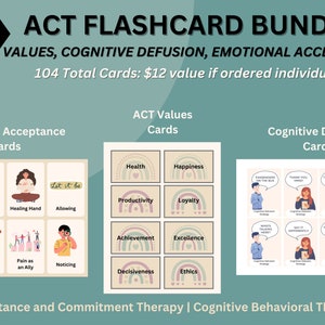 Può includere: Un set di 104 flashcard stampabili per la Terapia di Accettazione e Impegno (ACT) e la Terapia Cognitivo-Comportamentale (TCC). Le carte sono divise in tre categorie: Valori ACT, Defusione Cognitiva e Accettazione Emotiva. Ogni carta presenta un'illustrazione colorata e una breve frase.