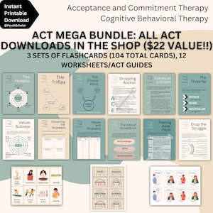 Può includere: Un pacchetto di download digitale per la Terapia di Accettazione e Impegno (ACT) che include 104 flashcard, 12 fogli di lavoro e guide ACT. Il pacchetto include una varietà di tecniche e concetti ACT, come l'Hexaflex, il Triflex, il Punto di scelta, l'Ancoraggio di caduta, Le foglie su un ruscello, Tre N, Valori Bullseye, Dissezione del problema, Valori e problemi, I 3 A dell'accettazione, Spingere via la carta, e Lasciare cadere la lotta.