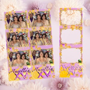 May include: Photo booth strips with photos of people in formal wear, with a purple and gold floral design. The text "Angella's XV" and "Yvette's XV" is displayed on the strips.