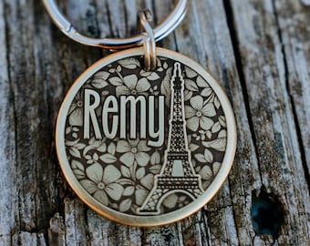 Floral Eiffel Tower Dog Tag | Engraved | Copper | Personalized | Pet Id Tag | Cat | Flowers | Paris | France