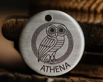 Athena Owl Dog Tag | Engraved | Copper | Personalized | Pet Id Tag | Cat | Goddess