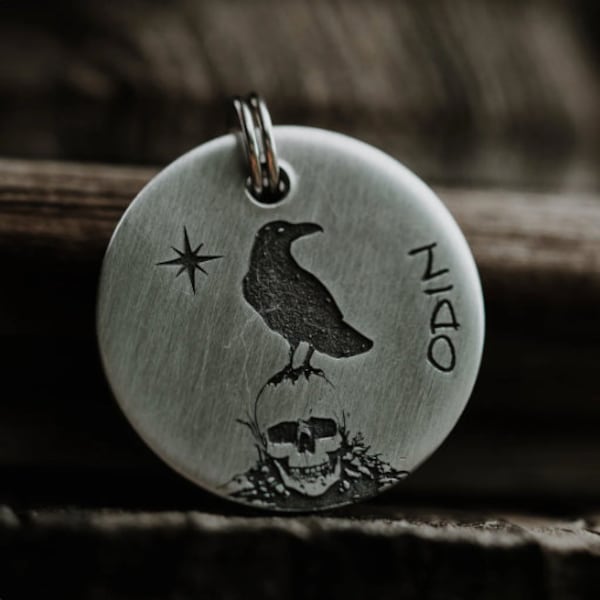 Raven Dog Tag | Engraved | Copper | Personalized | Pet Id Tag | Cat | Skull | Crow