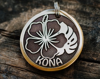 Hawaiian Dog Tag | Engraved | Copper | Personalized | Pet Id Tag | Cat | Monstrera Leaf | Hibiscus Flower