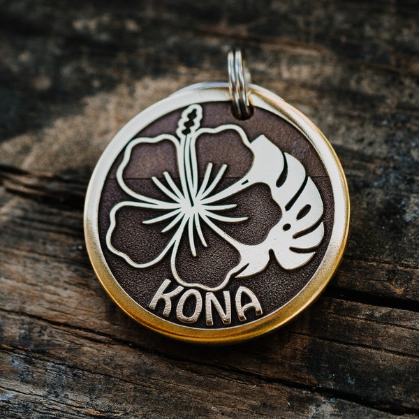 Hawaiian Dog Tag | Engraved | Copper | Personalized | Pet Id Tag | Cat | Monstrera Leaf | Hibiscus Flower