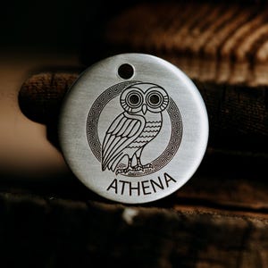 Athena Owl Dog Tag | Engraved | Copper | Personalized | Pet Id Tag | Cat | Goddess