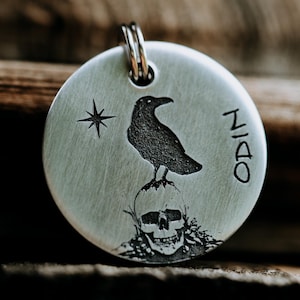 Raven Dog Tag | Engraved | Copper | Personalized | Pet Id Tag | Cat | Skull | Crow