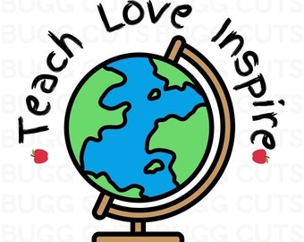 Puede incluir: Un globo terráqueo colorido con las palabras "Teach Love Inspire" que lo rodean. Hay manzanas rojas a cada lado de las palabras.