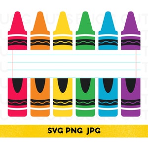 May include: A set of eight crayons in a rainbow of colors, including red, orange, yellow, green, blue, purple, and black. The crayons are arranged in two rows of four, with the top row slightly offset from the bottom row. The crayons are on a white background with a blue and white striped line.