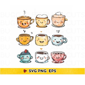 Adorable Coffee Emoji Doodle Clipart PNG | Cute Coffee Cup & Bean Designs, digital download, coffee png, coffee svg, coffee sublimation