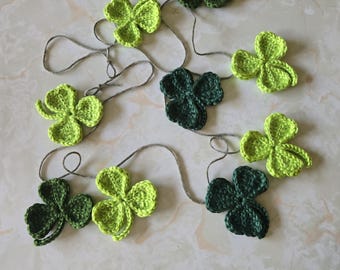 IRISH SHAMROCK Crochet Garland 3 Leaves St. Patrick's Day.Green Clover Mantle Decor Gift Iris Shamrock