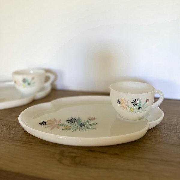 Vintage Federal Milk Glass Atomic Flower Tea and Snack Sets