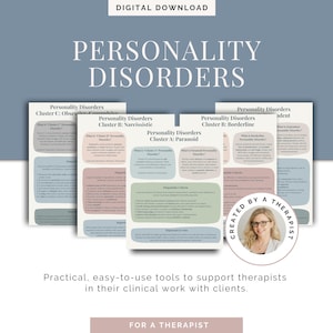 May include: Digital download featuring educational posters on personality disorders, including clusters A, B, and C. The posters have a clean design with text and color-coded sections. The image includes the text "Created by a Therapist."