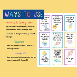 May include: A collection of colorful cards with positive affirmations and illustrations. The cards feature phrases like "You're one smart cookie!" and "Keep going - you're doing great!" with a blue, purple, and yellow color scheme.