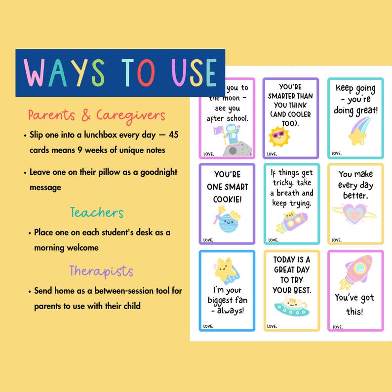 May include: A collection of colorful cards with positive affirmations and illustrations. The cards feature phrases like "You're one smart cookie!" and "Keep going - you're doing great!" with a blue, purple, and yellow color scheme.