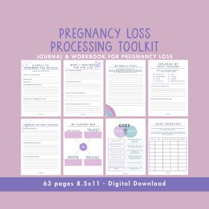 May include: A digital download of a pregnancy loss processing toolkit. The journal and workbook includes pages for remembering details, exploring grief triggers, and carrying forward. The cover is light purple with text and illustrations. The toolkit is 8.5x11 inches and has 63 pages.