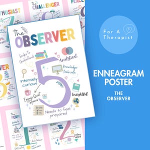 May include: An Enneagram poster titled "The Observer" with colorful text and illustrations. The poster includes the text "For A Therapist" and features a large number 5 with related keywords like "Analytical" and "Insightful."