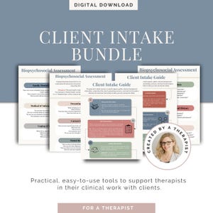 以下が含まれることがあります： 「クライアントインテークバンドル」というタイトルのデジタルダウンロード。バイオサイコソーシャルアセスメントとクライアントインテークガイドが含まれています。書類は水色と白です。「Created by a Therapist」というテキストが含まれています。