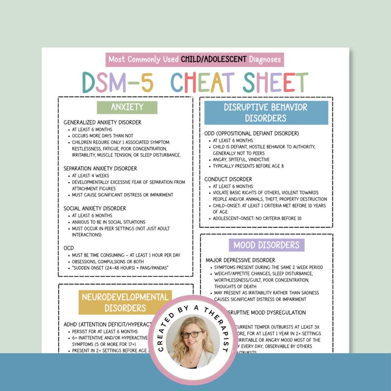 May include: A white DSM-5 cheat sheet for child and adolescent diagnoses, including anxiety, disruptive behavior, mood, and neurodevelopmental disorders. The sheet includes a photo of a therapist and the text "Created by a Therapist".