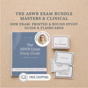 May include: A blue spiral-bound study guide titled The ASWB Exam Study Guide Masters Clinical, accompanied by a stack of white flashcards with purple borders. A circular badge features a portrait of a person with glasses and the text Created By A Therapist.