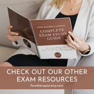 Puede incluir: Una gu&iacute;a de estudio marr&oacute;n y blanca para el examen ASWB Masters & Clinical. La gu&iacute;a se titula "Complete Exam Study Guide" e incluye el texto "Your essential guide clear, concise, visually engaging".