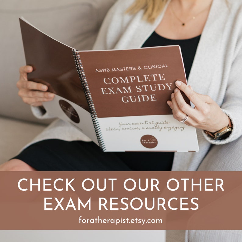 Puede incluir: Una gu&iacute;a de estudio marr&oacute;n y blanca para el examen ASWB Masters & Clinical. La gu&iacute;a se titula "Complete Exam Study Guide" e incluye el texto "Your essential guide clear, concise, visually engaging".