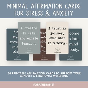 May include: A collection of affirmation cards for stress and anxiety. The cards feature phrases like "I breathe in calm and exhale tension" and "I trust my journey, even when it's messy." The cards are designed to support mindset and emotional wellbeing.