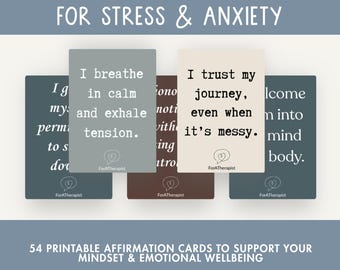 May include: A collection of affirmation cards for stress and anxiety. The cards feature phrases like "I breathe in calm and exhale tension" and "I trust my journey, even when it's messy." The cards are designed to support mindset and emotional wellbeing.