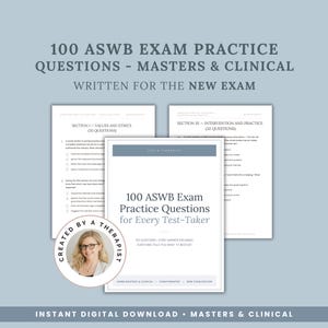 May include: A set of printed study materials titled 100 ASWB Exam Practice Questions for Every Test-Taker, featuring Masters and Clinical content. Includes a circular badge with a portrait of a woman and the text Created by a Therapist.