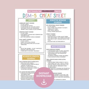 May include: A printable DSM-5 cheat sheet for child and adolescent diagnoses. The document is divided into sections for anxiety, disruptive behavior, mood, and neurodevelopmental disorders. Includes an "Instant Download" button.
