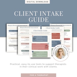 May include: Digital download of a Client Intake Guide, a Biopsychosocial Assessment, and other tools for therapists. The guide includes sections on family mental health, medical history, and coping strategies. The image features a woman's portrait and the text "Created by a Therapist."