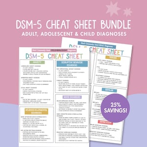 Könnte beinhalten: Ein Bundle von DSM-5-Spickzetteln für Diagnosen bei Erwachsenen, Jugendlichen und Kindern. Die Blätter sind weiß mit farbigen Überschriften und Aufzählungslisten der Diagnosekriterien. Ein violetter Kreis mit "25% Rabatt!" ist zu sehen.