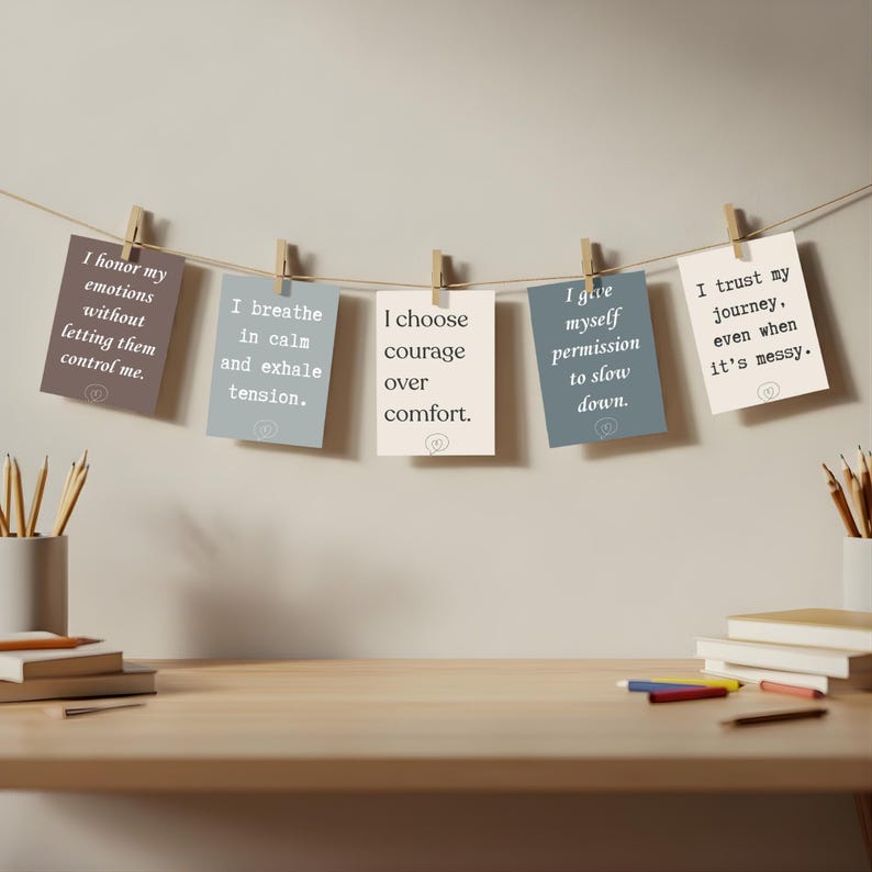 May include: A display of inspirational cards with positive affirmations, clipped to a string with wooden clothespins. The cards are in various colors, with phrases like "I honor my emotions" and "I choose courage over comfort."