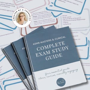 May include: A stack of three spiral-bound study guides titled "ASWB Masters & Clinical Complete Exam Study Guide" in a blue-gray color. The guides are on a white surface with flashcards and a circular logo that says "Created by a Therapist".