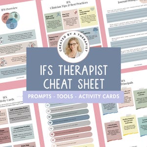 May include: A collection of printed sheets with the title "IFS Therapist Cheat Sheet" in a large, bold font. The sheets include prompts, tools, and activity cards for therapy sessions. The color scheme is primarily pastel with a photo of a therapist.