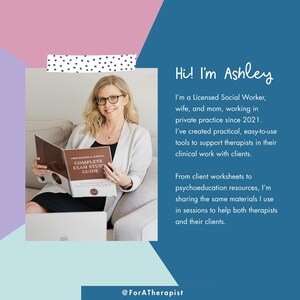 May include: A woman wearing glasses holds a book titled "COMPLETE EXAM STUDY GUIDE." The image has a blue background with text that reads "Hi! I'm Ashley" and information about her work as a licensed social worker.
