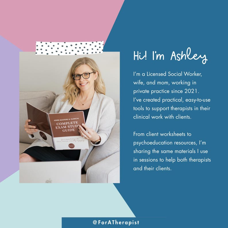 May include: A woman wearing glasses holds a book titled "COMPLETE EXAM STUDY GUIDE." The image has a blue background with text that reads "Hi! I'm Ashley" and information about her work as a licensed social worker.