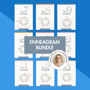 May include: An Enneagram bundle featuring nine individual personality type charts. Each chart displays a unique number, the word "Type", and the word "Enneagram". The bundle includes the text "ENNEAGRAM BUNDLE" and "CREATED BY A THERAPIST".