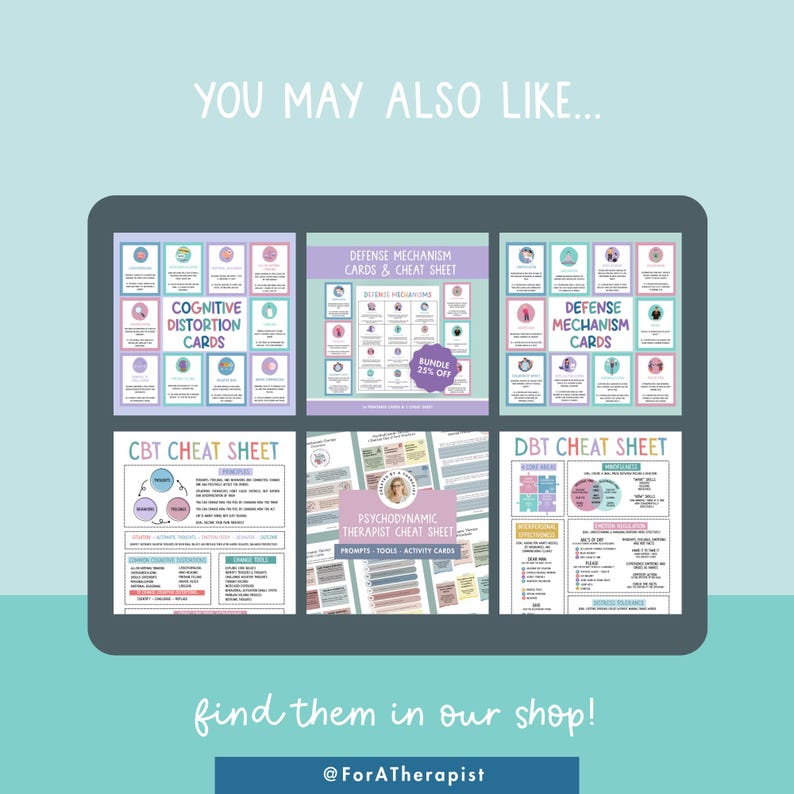 May include: A digital display featuring various therapy-related educational materials. The image includes cards and cheat sheets on topics like Cognitive Distortion, Defense Mechanisms, and DBT. Text includes "You May Also Like..." and "find them in our shop!"