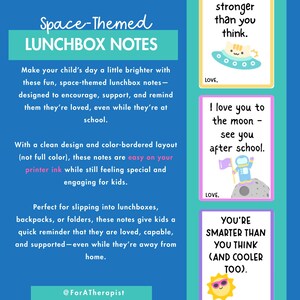 May include: Space-themed lunchbox notes with encouraging messages. The notes feature colorful illustrations of a cat in a UFO, an astronaut on the moon, and a smiling sun. Text includes "You're smarter than you think" and "I love you to the moon."