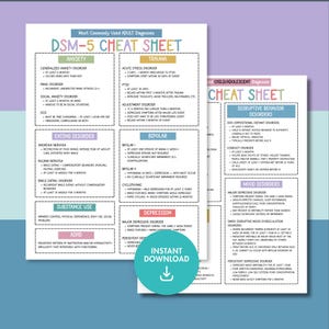 Puede incluir: Una hoja de trucos DSM-5 con diagn&oacute;sticos para adultos y ni&ntilde;os/adolescentes. El documento incluye secciones sobre ansiedad, trauma, trastornos alimenticios, bipolaridad, uso de sustancias, TDAH, trastornos disruptivos y del estado de &aacute;nimo. Es visible un bot&oacute;n de "Descarga instant&aacute;nea".