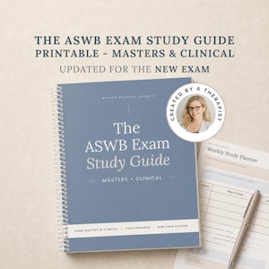 May include: A spiral-bound study guide titled The ASWB Exam Study Guide Masters & Clinical with a blue cover, featuring a circular badge with a portrait of a person and the text Created by a Therapist, alongside a weekly study planner and a pen.