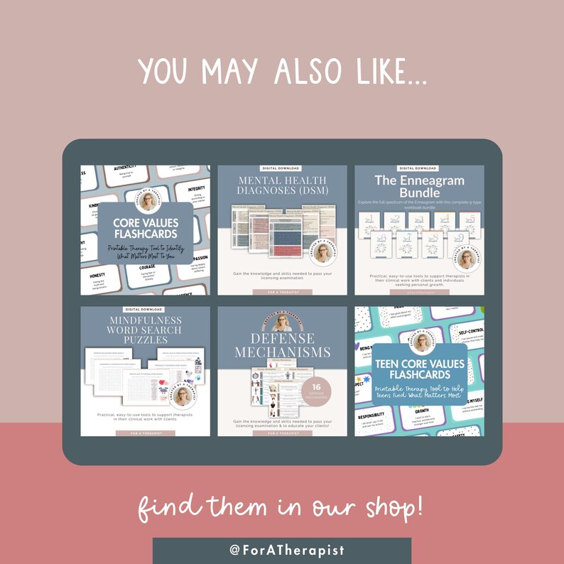May include: A digital graphic featuring six educational resources, including flashcards and puzzles, for therapy and self-improvement. The resources cover topics like core values, mental health diagnoses, and teen core values. The image has a pink background and text that says "You may also like..."