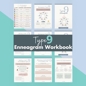 Puede incluir: Una colección de cuadernos imprimibles con el título "Type 9 Enneagram Workbook". Las páginas son blancas con detalles en color turquesa y rosa. Los cuadernos contienen texto y diagramas relacionados con el sistema de personalidad Enneagram.