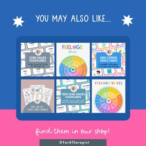 May include: A promotional image with a blue and pink background, featuring six product images. The products include flashcards and a feelings wheel. Text includes "YOU MAY ALSO LIKE..." and "find them in our shop!"