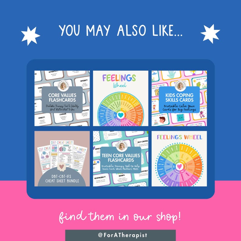 May include: A promotional image with a blue and pink background, featuring six product images. The products include flashcards and a feelings wheel. Text includes "YOU MAY ALSO LIKE..." and "find them in our shop!"