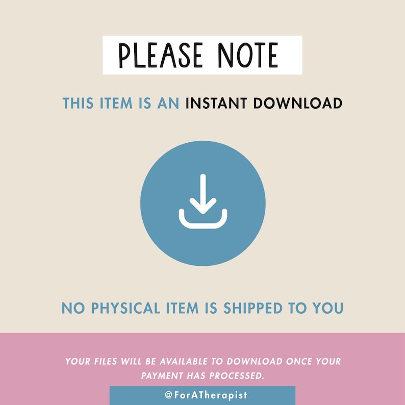 May include: A digital download announcement with the text "PLEASE NOTE" at the top. The text below states "THIS ITEM IS AN INSTANT DOWNLOAD" and "NO PHYSICAL ITEM IS SHIPPED TO YOU". A blue circle with a white downward arrow is in the center.