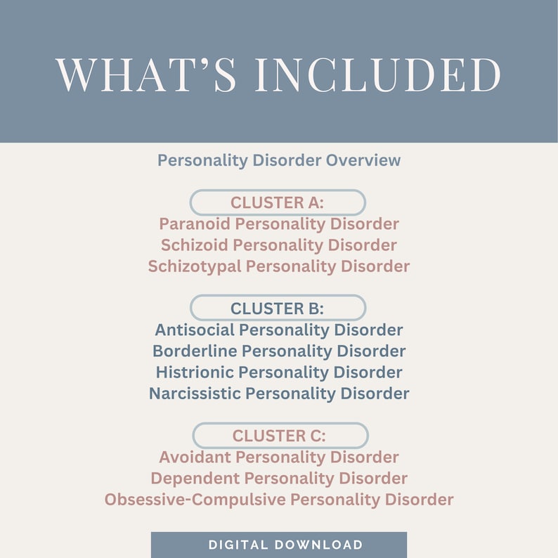 May include: A digital download graphic with the text "WHAT'S INCLUDED" at the top. The graphic lists personality disorders categorized into clusters A, B, and C, including Paranoid, Antisocial, and Avoidant Personality Disorders.